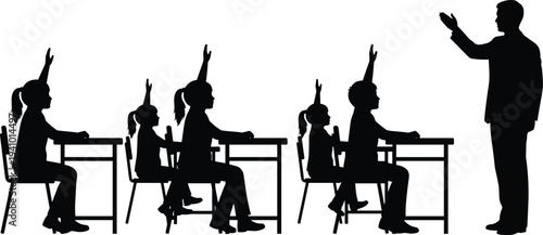 Teacher and students classroom silhouette vector, kids raising hands At school desk & education learning concept illustration