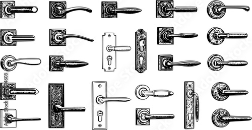 Illustrated Collection of Vintage and Modern Door Handles and Fixtures on White Background