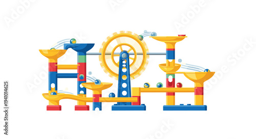 A complex multi-colored marble run toy with funnels tracks and a large gear system against a solid white background.