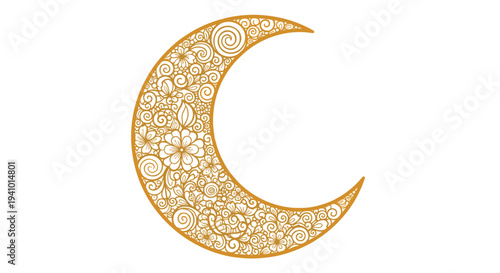 An intricate golden crescent moon silhouette with a complex floral mandala pattern isolated on a white background.