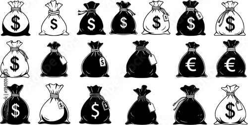 Collection of Black and White Money Bags with Dollar and Euro Symbols