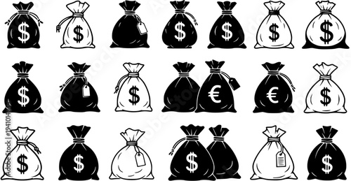 Collection of Money Bags with Dollar and Euro Symbols, Black and White Icon Set