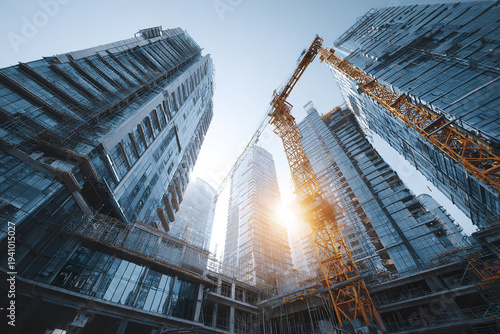 Modern office towers under construction with crane and scaffolding in bright daylight, showcasing urban development and architectural progress in city skyline