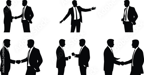 Businessmen handshake and discussion silhouettes collection, professional corporate men meeting negotiating and greeting, business communication concept vector illustration isolated
