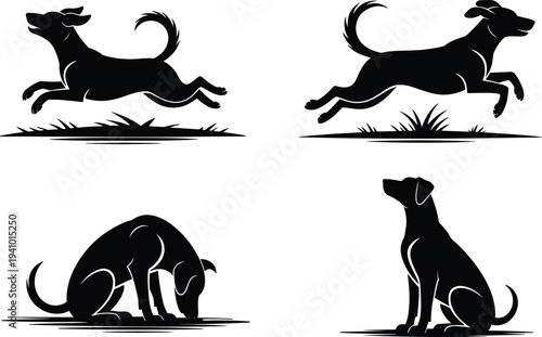 Dog silhouette action poses set with running jumping digging and sitting domestic pet animals, black canine vector illustration collection isolated on white background