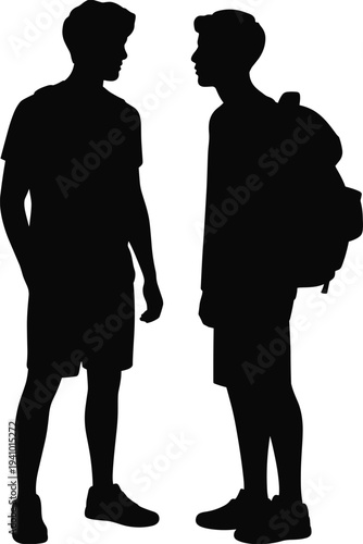 Two teenage boys standing and talking silhouette, student friends with backpack conversation, casual people interaction concept, black human figures isolated on white background vector