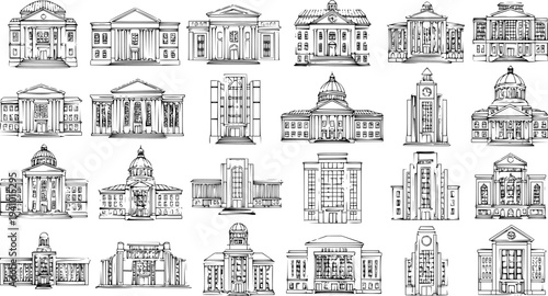 Collection of Hand-Drawn Architectural Illustrations of Various Public Buildings, Academies, and Government Institutions