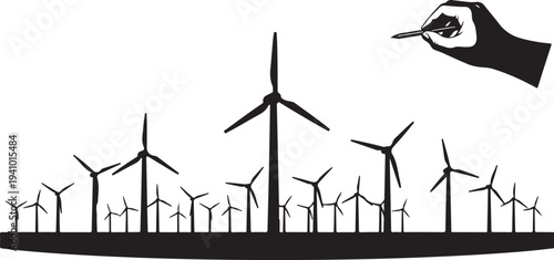 Wind turbines and hand holding earth on white background