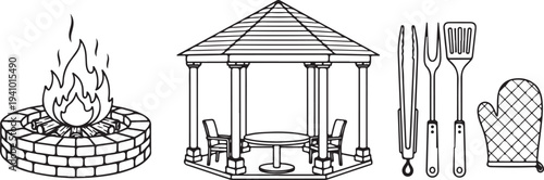 Outdoor Living Elements: Fire Pit Gazebo Grill Utensils & Oven Mitt Isolated on White Background