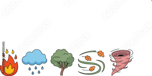 Natural elements icon set featuring fire rain cloud green tree blowing wind and powerful swirling pink tornado