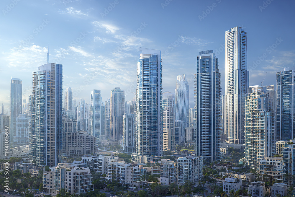 Fototapeta premium Modern urban skyline panorama with skyscraper and apartment buildings under bright blue sky with scattered clouds, showcasing bustling cityscape with contemporary architecture and greenery