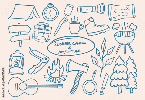 blue hand drawn line art collection of summer camping and outdoor adventure elements. perfect for stickers, apparel, and scout designs