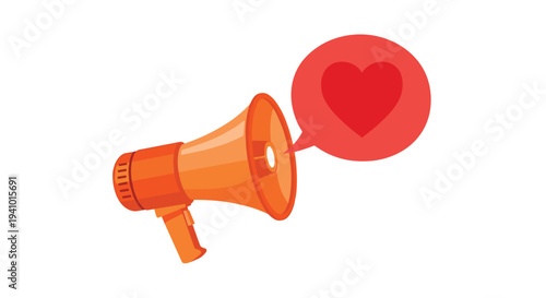 An orange megaphone with a red speech bubble containing a heart symbol is shown in a three-quarter view against a solid white background.