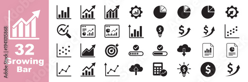 Set of black data visualization icons including pie charts, bar graphs, line diagrams, and presentation elements for business analytics and reporting in a minimalist glyph style. Growing bar graph set
