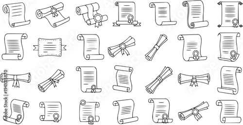Collection of Rolled Scroll and Certificate Icons, Diplomas and Awards for Education and Achievements