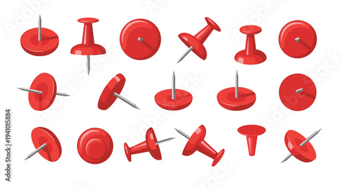 Eighteen red plastic push pins are organized into three rows showing different angles of the thumbtacks against a solid white background.