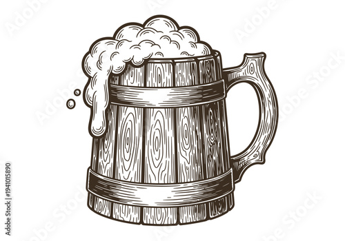 Toasting to Historic Traditions: Unveiling the Rustic Charm of a Detailed, Vintage-Style Engraved Wooden Tavern Tankard Overflowing With the Rich, Bubbly Froth of a Perfectly Poured Golden Craft Ale