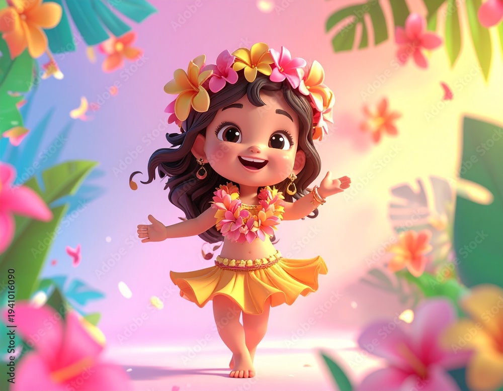 Fototapeta premium Cute 3D cartoon hula girl dancing with colorful flower lei garlands celebrating lei day, tropical paradise with pink and yellow flowers