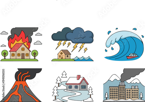 Environmental disaster and pollution illustrations featuring wildfire storm tsunami volcano snow and smog city