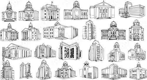 Hand-Drawn Architectural Sketches of Various Public Buildings and Government Institutions