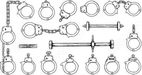Black and White Line Art Handcuffs Collection. Detailed Illustrations of Police Restraints, Shackles, and Chains for Law Enforcement, Justice, Crime, and Security Concepts.