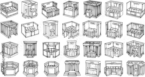 Various Exhibition Booths, Kiosks, and Retail Counters - Black and White Hand-Drawn Line Art Collection for Trade Shows, Events, and Information Desks