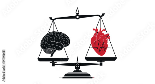 A black balance scale holds a dark grey human brain on its left platform and a red anatomical heart on its right platform against white.