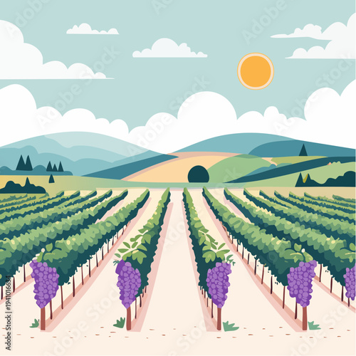Vibrant vineyard illustration Sun-drenched rows of grapevines lead towards rolling hills and a distant tunnel under a serene sky, showcasing agricultural beauty and nature's charm