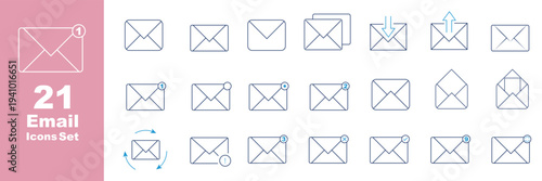 Mail and email outline icon set, envelope message inbox and attachment vector icons isolated on transparent background. Message icon set, vector collection including closed, open, and notification 
