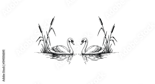 Two swans face each other on a calm water surface surrounded by tall reeds and cattails in a black and white ink drawing.