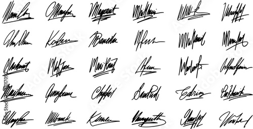 Black and White Line Art Vector Collection of Various Handwritten Signatures and Personalized Autographs, Ideal for Business, Legal, Finance, and Identity Themes.