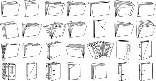 Collection of Black and White Line Art Icons for Office Document Organization and Business Management, showcasing various File Folders, Lever Arch Binders, and Archiving Supplies in Outline Style.