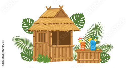 A clean illustration of a small bamboo shack and a separate serving counter holding two colorful tiki-style drink mugs decorated with tropical fruit and surrounded by large green palm fronds.
