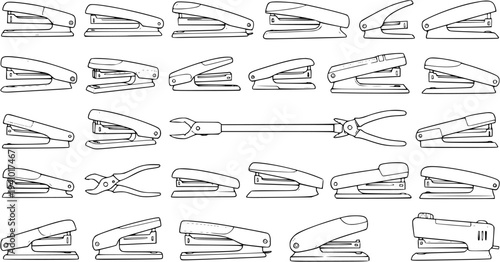 Office Stationery Staplers and Staple Removers Vector Line Art Set. Collection of Black and White Outline Illustrations for Business, School, and Work Supplies.