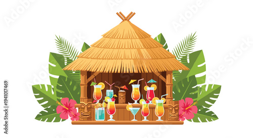 A vibrant illustration of a tropical tiki bar with a straw thatched roof featuring an array of colorful exotic cocktails and tiki masks nestled among green jungle foliage and pink flowers.