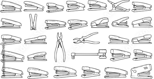Office Stationery Tools Black and White Line Art Collection: Hand-drawn Outline Illustrations of Staplers, Staple Removers, and Pliers for Business, School, and Workspace Design Elements