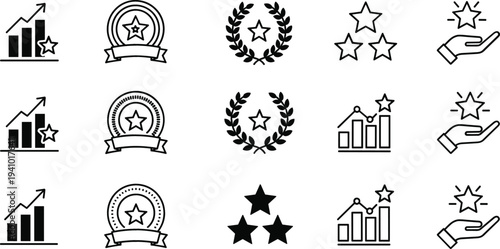Achievement and Success Icon Set with Growth Chart, Star Rating, Award Badge, Laurel Wreath, and Recognition Symbols for Business Performance and Motivation
