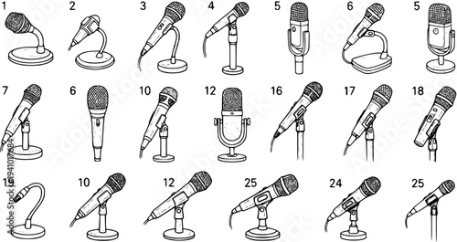 Black and White Line Art Cartoon Microphones Collection for Audio Recording, Broadcasting, Music, and Communication  Vector Set of Sound Equipment Icons