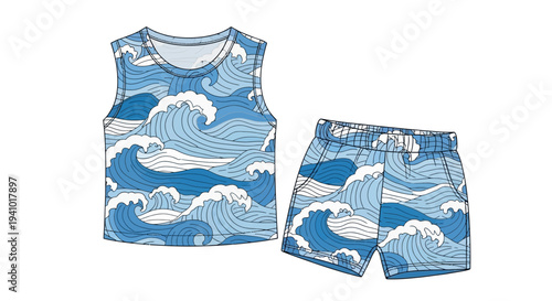 Vector illustration of blue wave pattern clothing set for kids