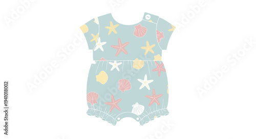 Vector illustration of baby romper with starfish and seashells pattern