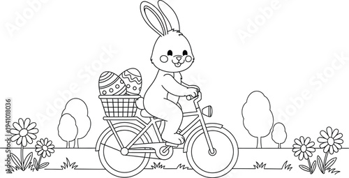 Easter bunny riding tricycle coloring page for kids with eggs and flowers