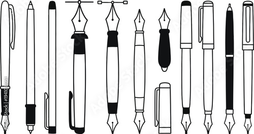 Set of 13 vintage pens and pencils vector icons