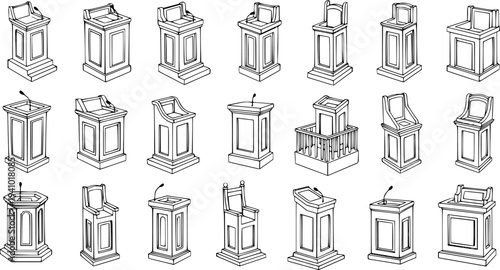 Diverse Collection of Black and White Illustrated Lecterns and Podiums