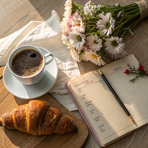 Morning Routine Flat Lay with Coffee Flowers and Notebook