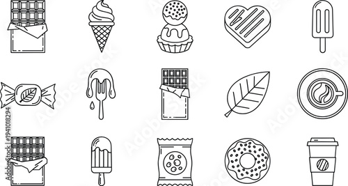 Sweet dessert and snack line icons collection including chocolate, ice cream, donut, candy and coffee cup for bakery menu and food design