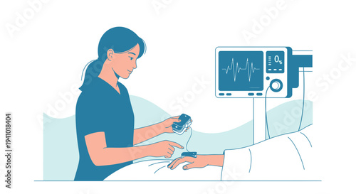 Nurse attaches pulse oximeter to patient's finger, monitoring vital signs on screen