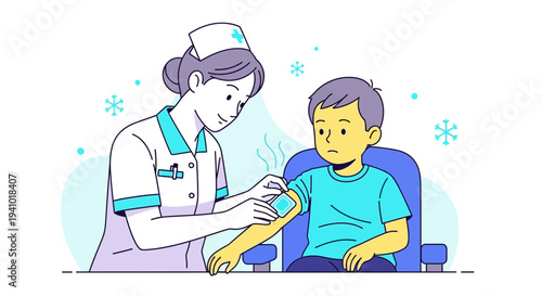 Nurse Applying Bandage to Child's Arm After Vaccination, Healthcare Concept