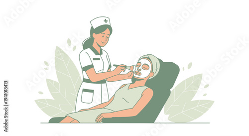 Nurse applying facial mask to patient in spa chair, skincare treatment, beauty care