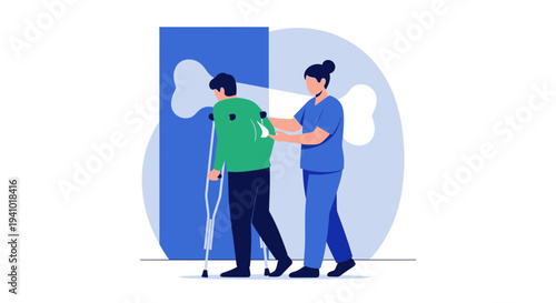 Nurse assisting patient with crutches, rehabilitation, bone health, recovery concept
