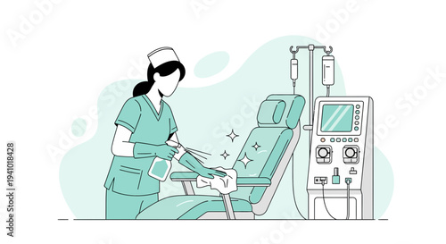 Nurse cleaning dialysis chair and equipment, healthcare hygiene concept